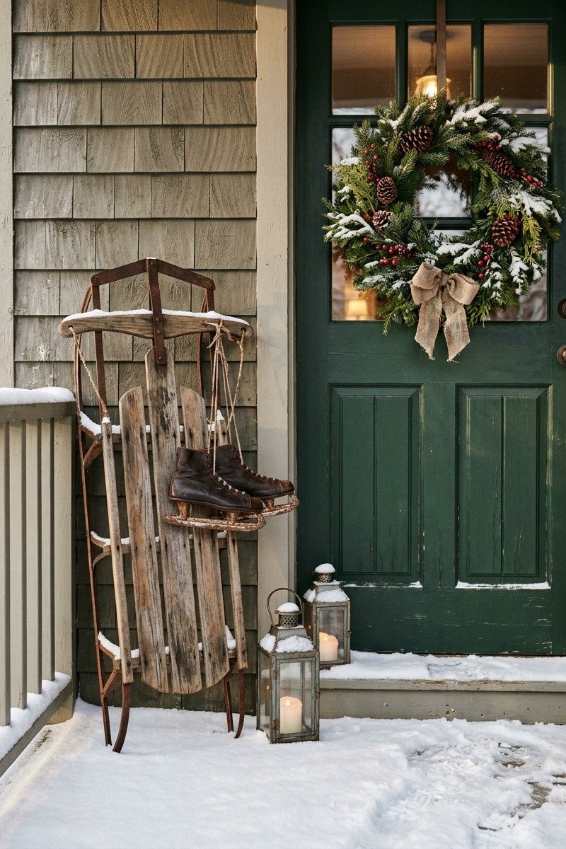 Antique wooden sled and ice skates on a porch