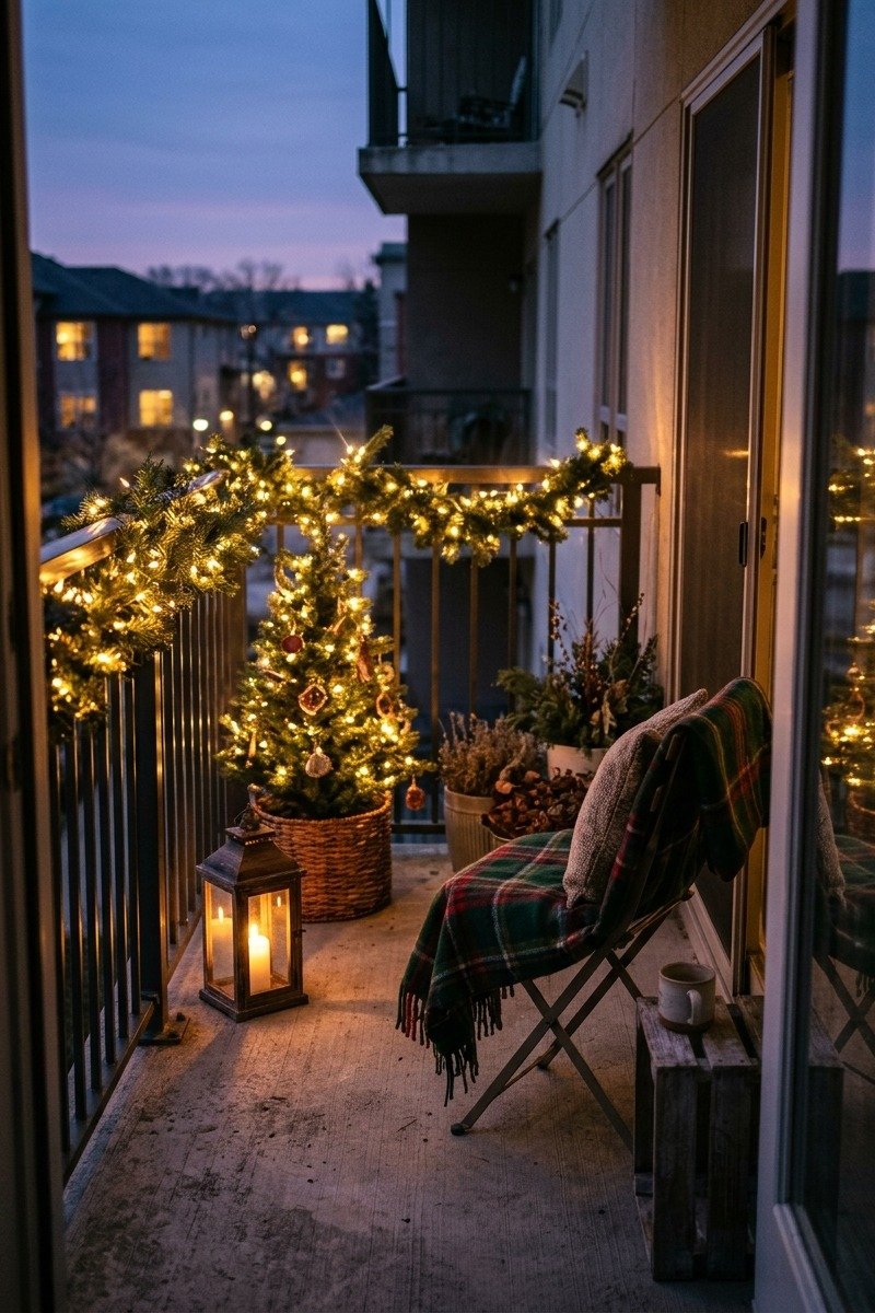 Apartment balcony with Christmas lights