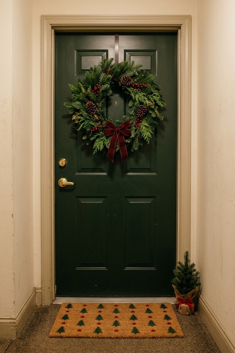 Apartment door with a Christmas wreath