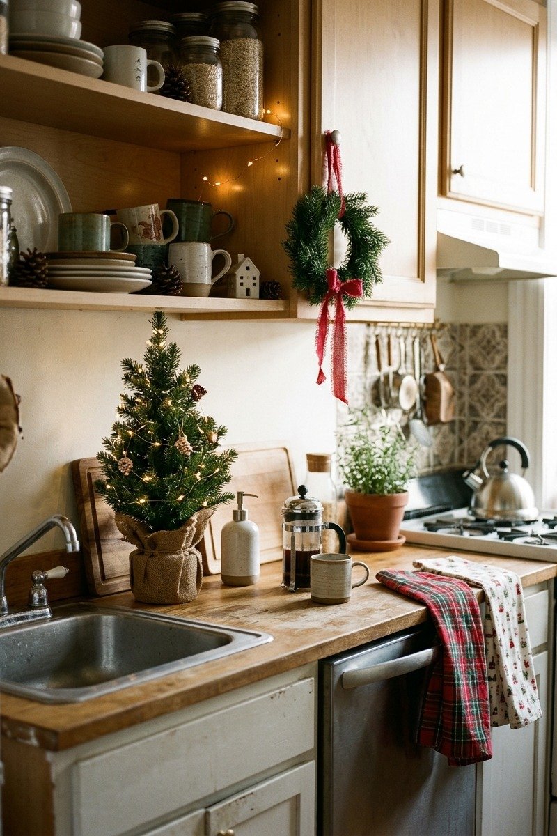 Small apartment kitchen with Christmas decor