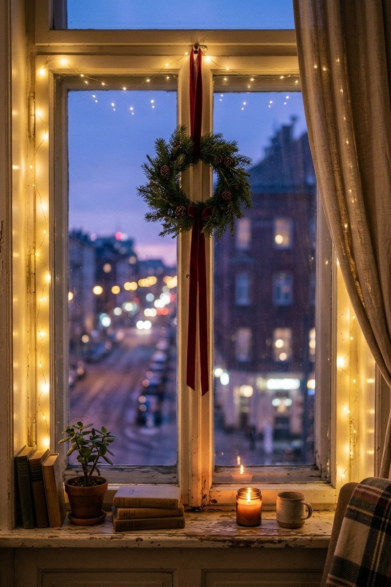 Apartment window with wreath and string lights