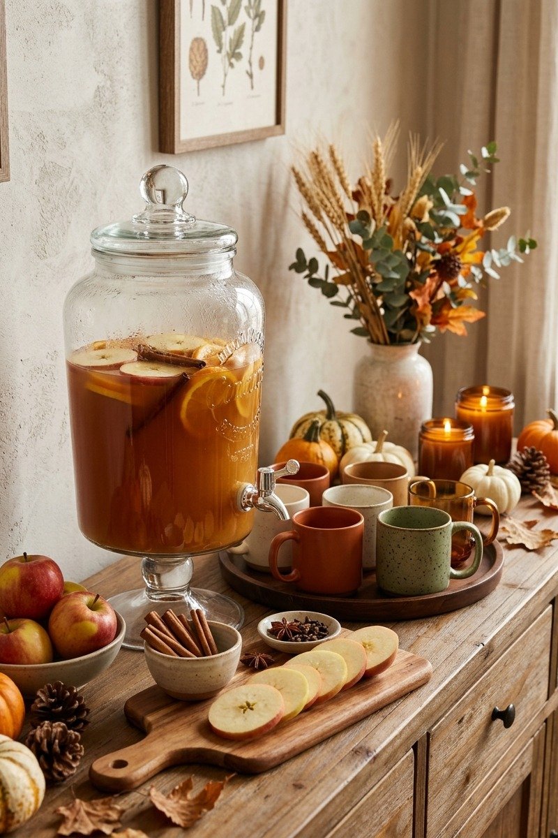 Apple cider bar with mugs and cinnamon sticks