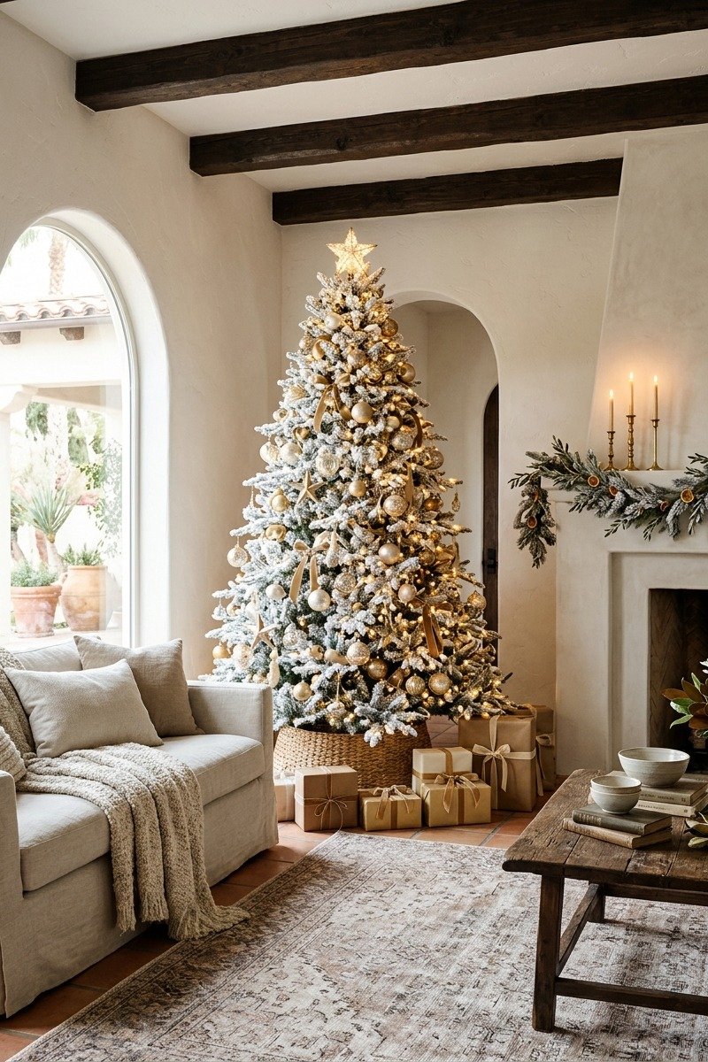 Árbol de Navidad nevado con luces cálidas
