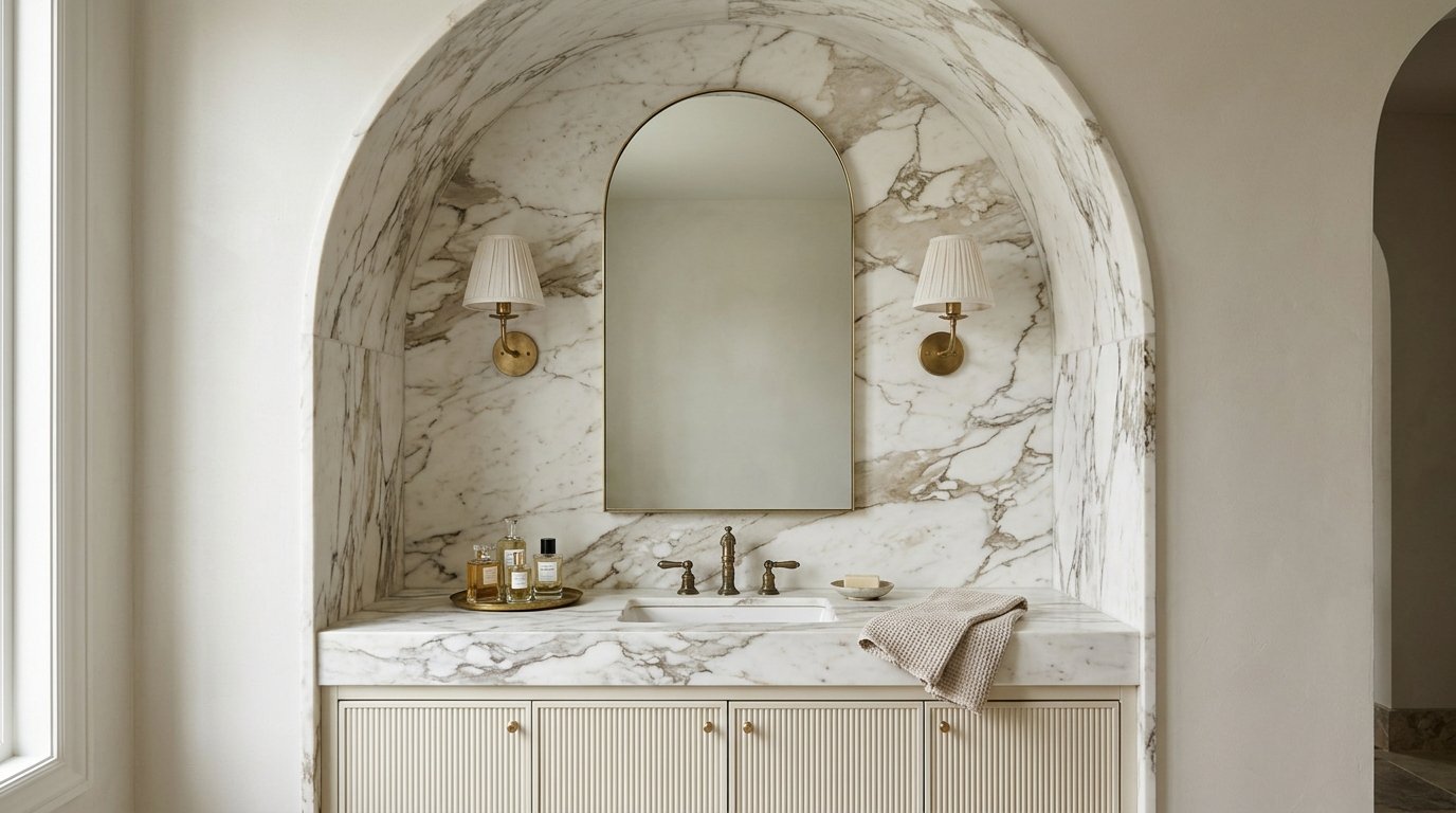 Arched marble alcove framing a luxury vanity with arched mirror and brass sconces