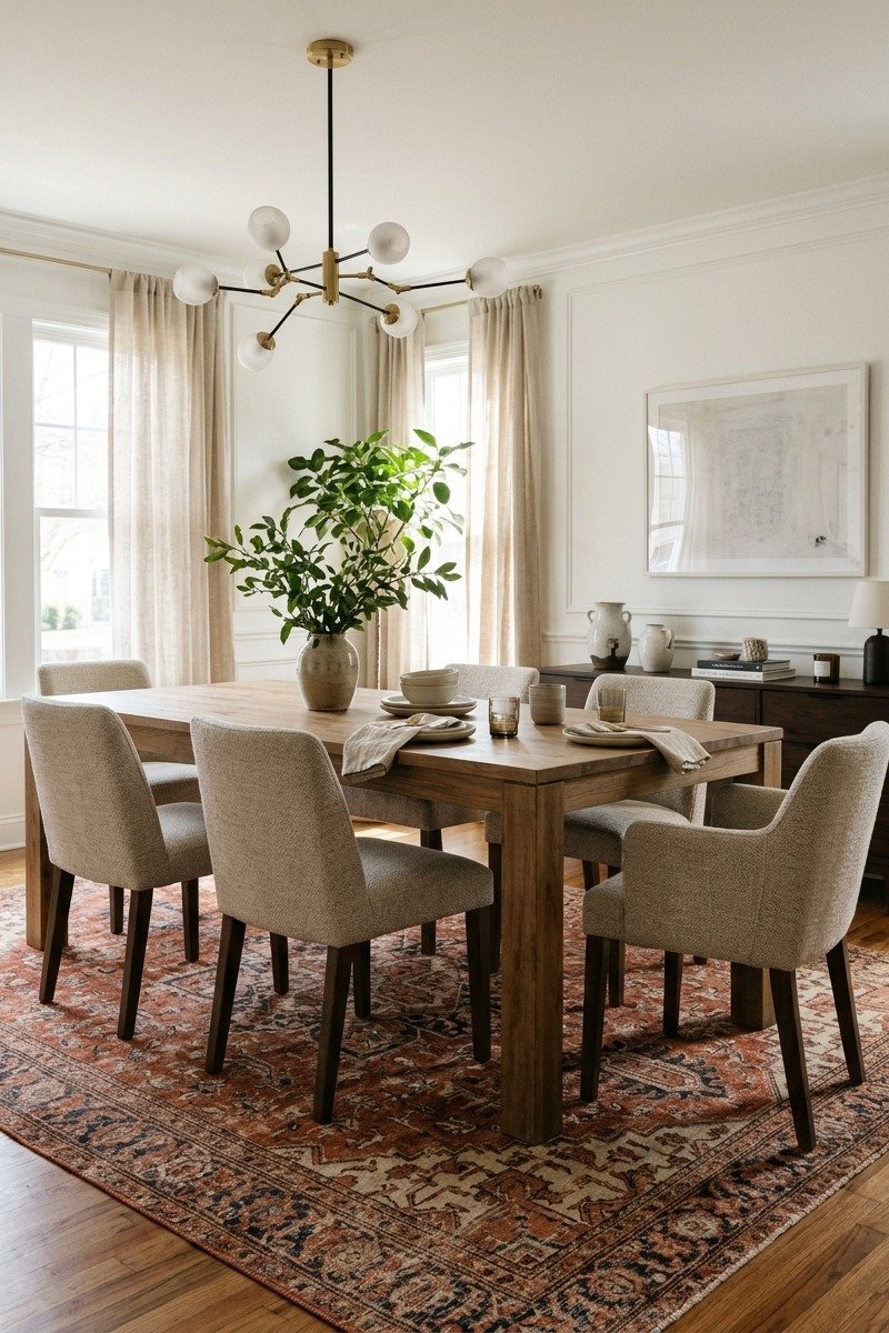 Patterned area rug under a dining table