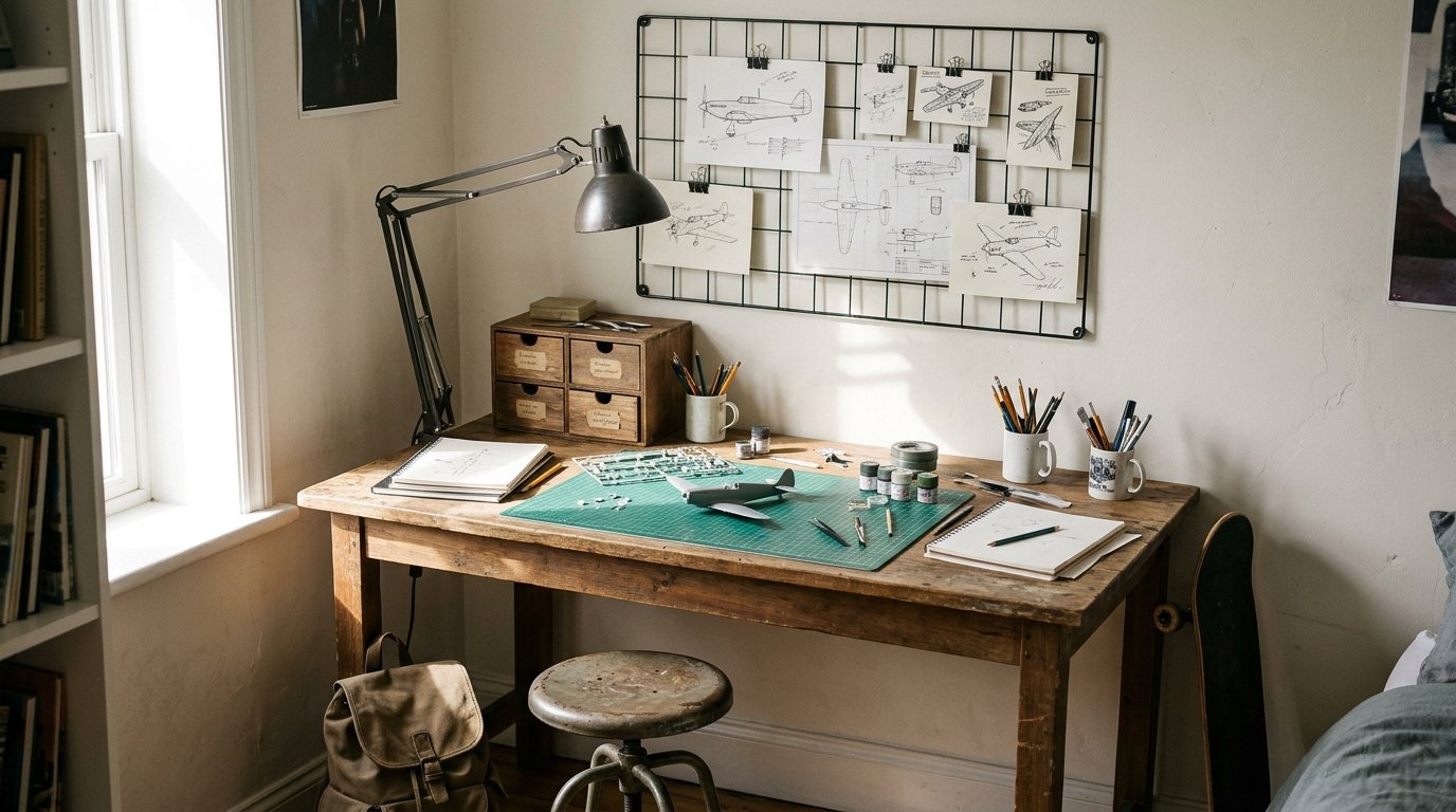 Art and hobby station with drawing table and tool storage in an older boys bedroom