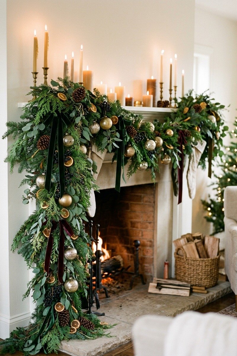 Asymmetrical garland on a fireplace mantel