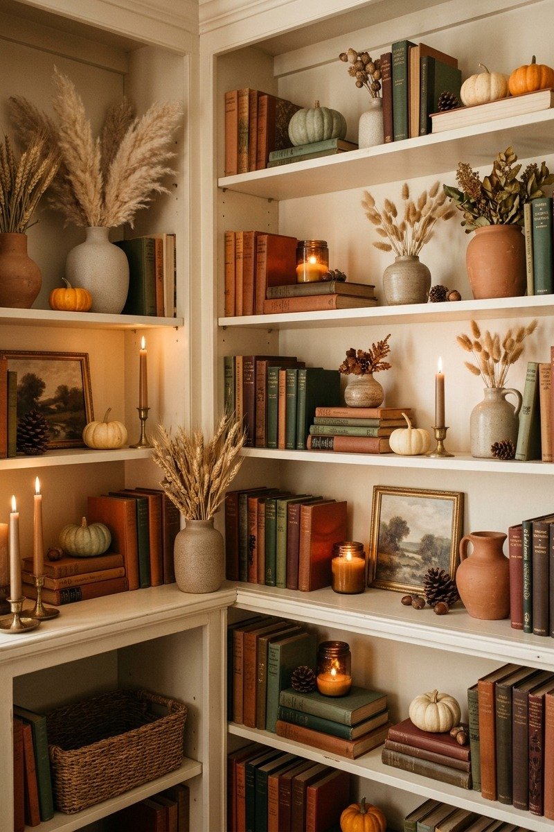 Bookshelves styled with autumn accents
