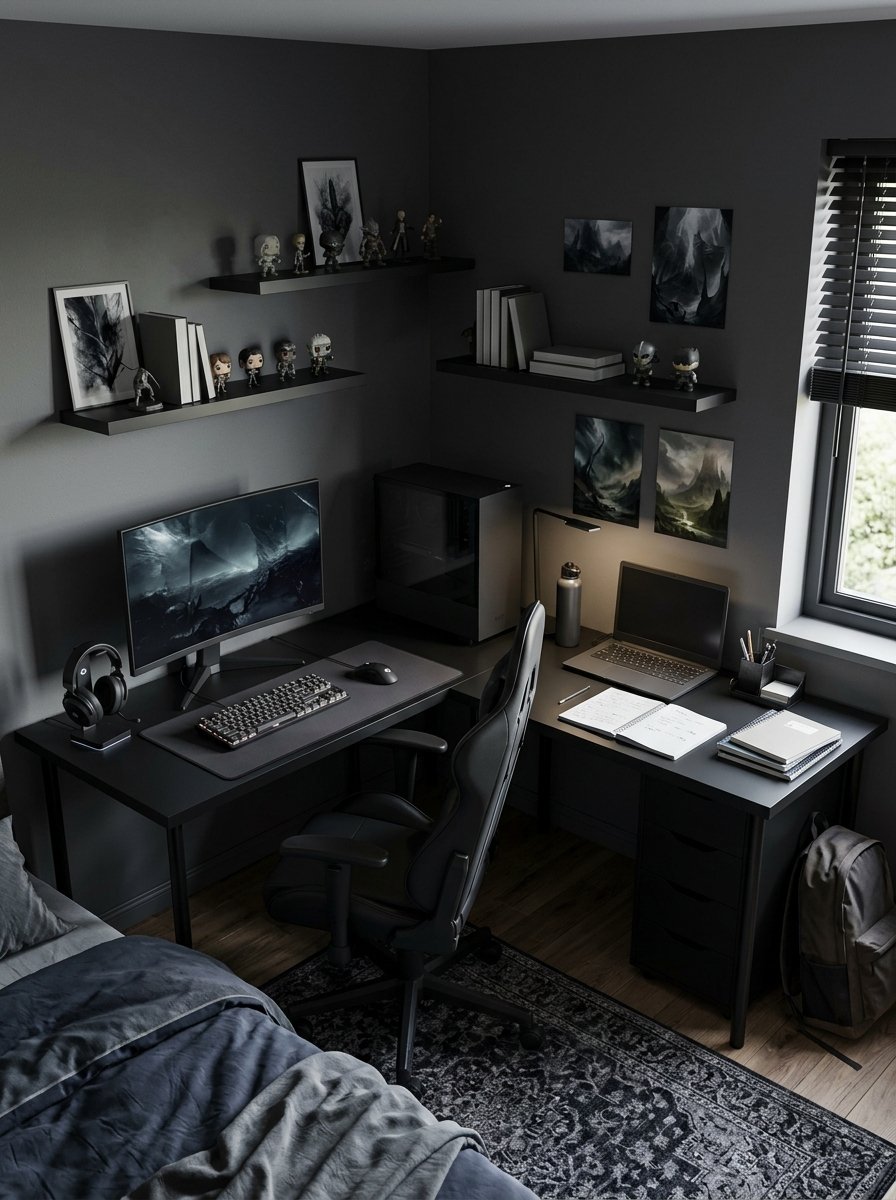 L-shaped gaming desk in a corner of an older boy bedroom