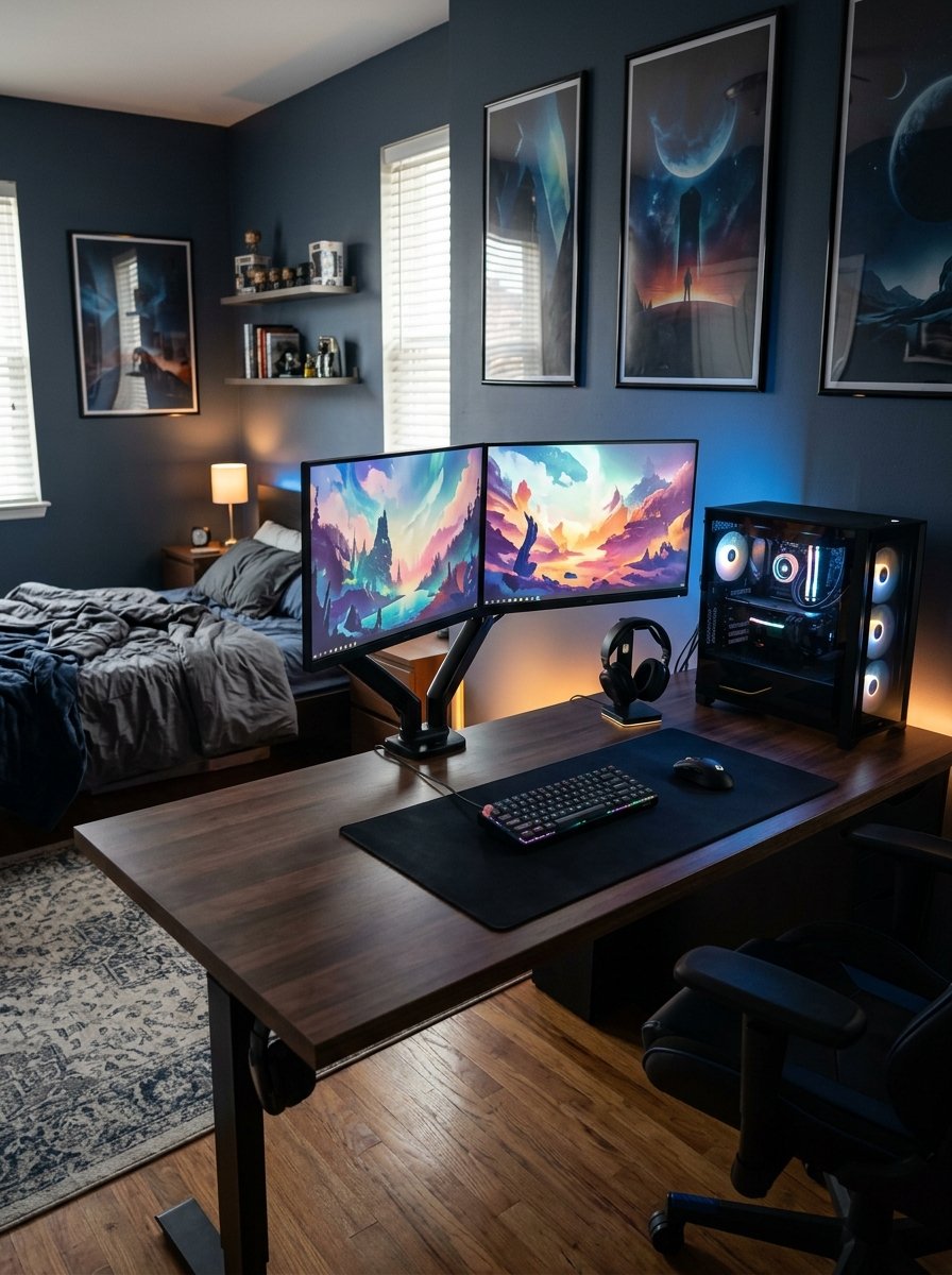 Dual monitor arm on a gaming desk