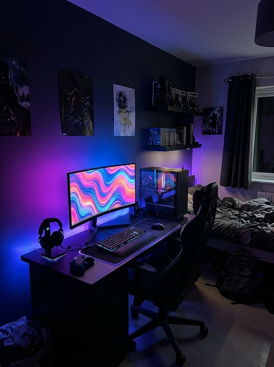 LED strip lights glowing behind a gaming desk