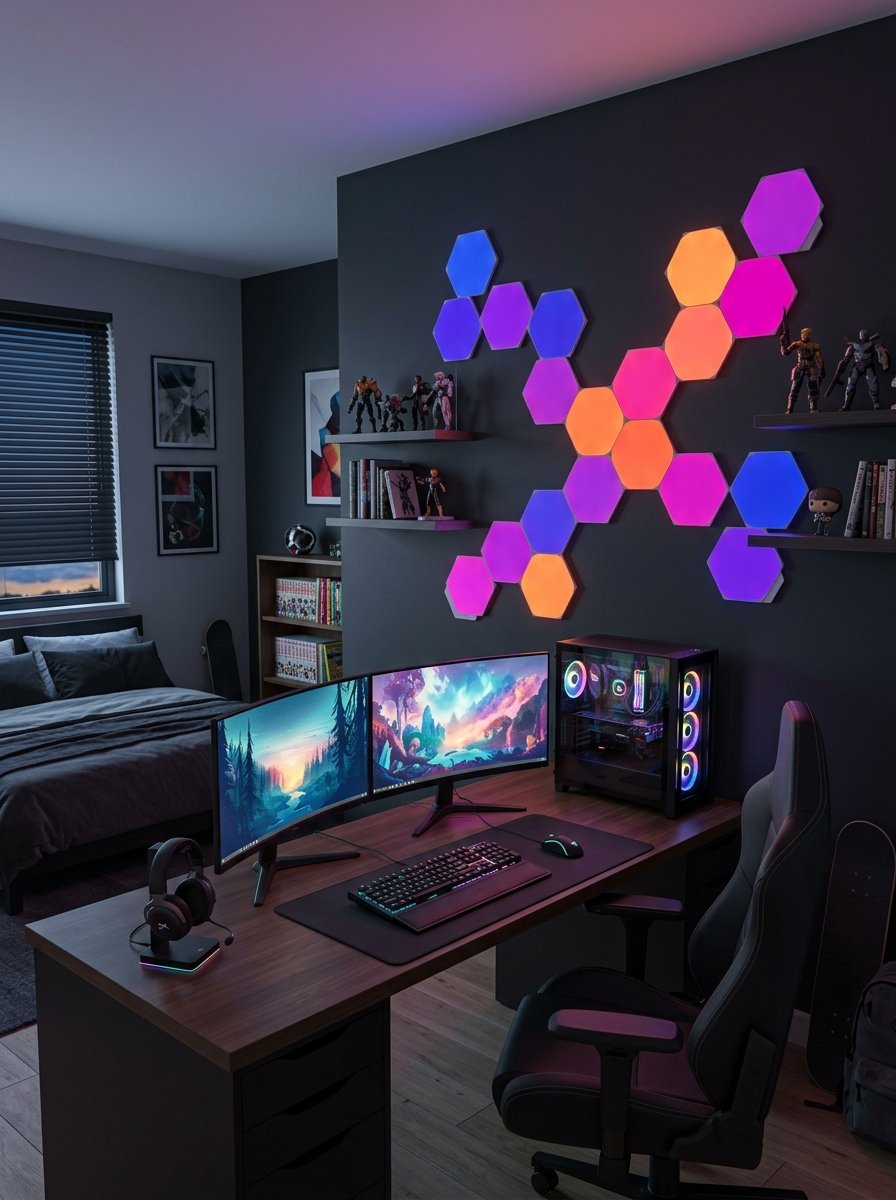 Hexagon light panels on the wall above a gaming desk