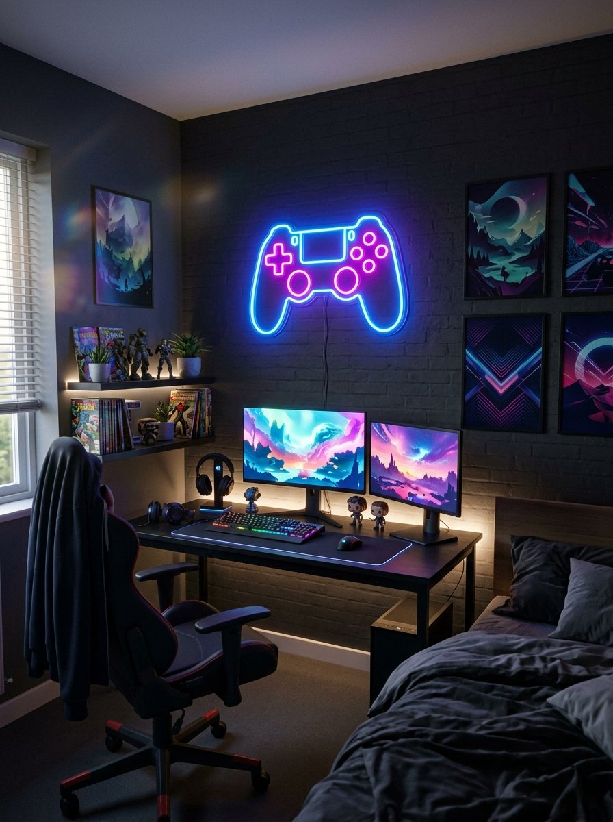 LED neon sign above a gaming setup