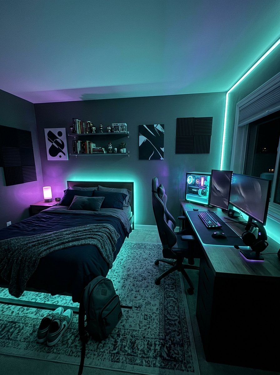 Bedroom lit with smart RGB bulbs