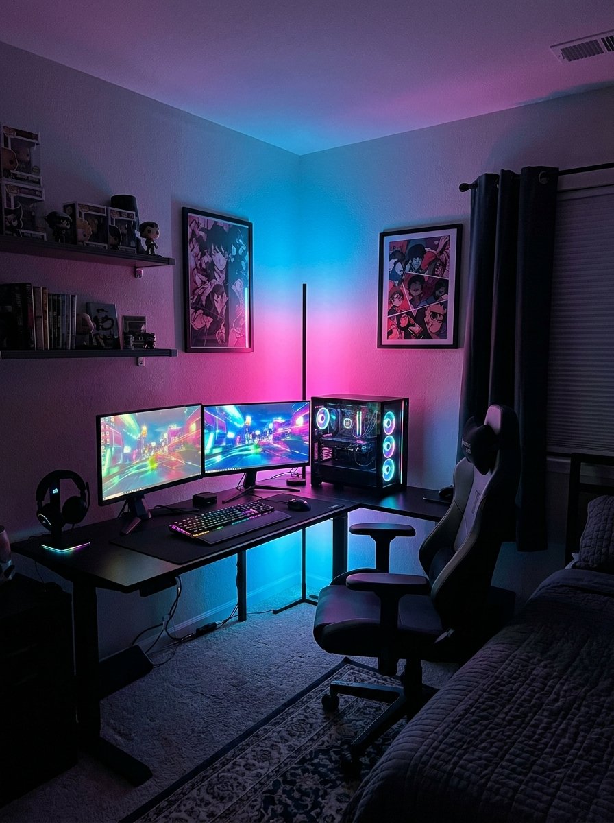 RGB corner floor lamp in a gaming bedroom