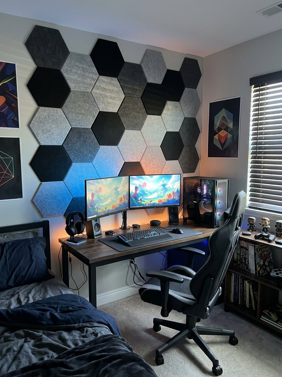 Acoustic hexagon felt panels on a gaming room wall
