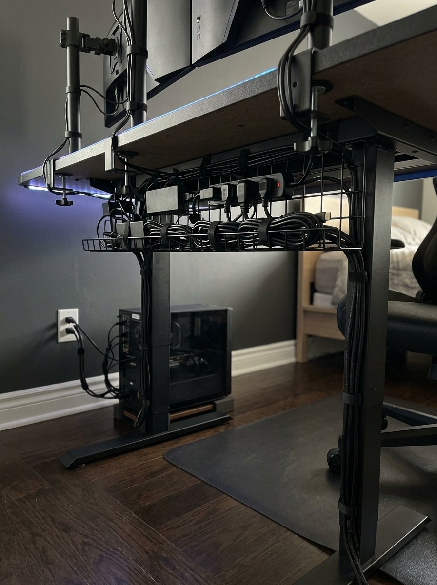Clean cable management under a gaming desk