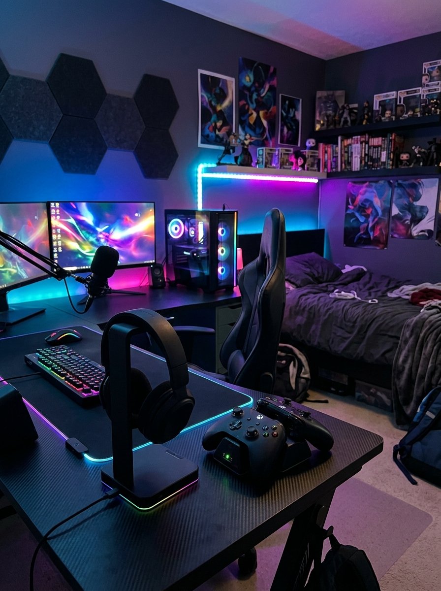 Headset stand and controller charging dock on a desk
