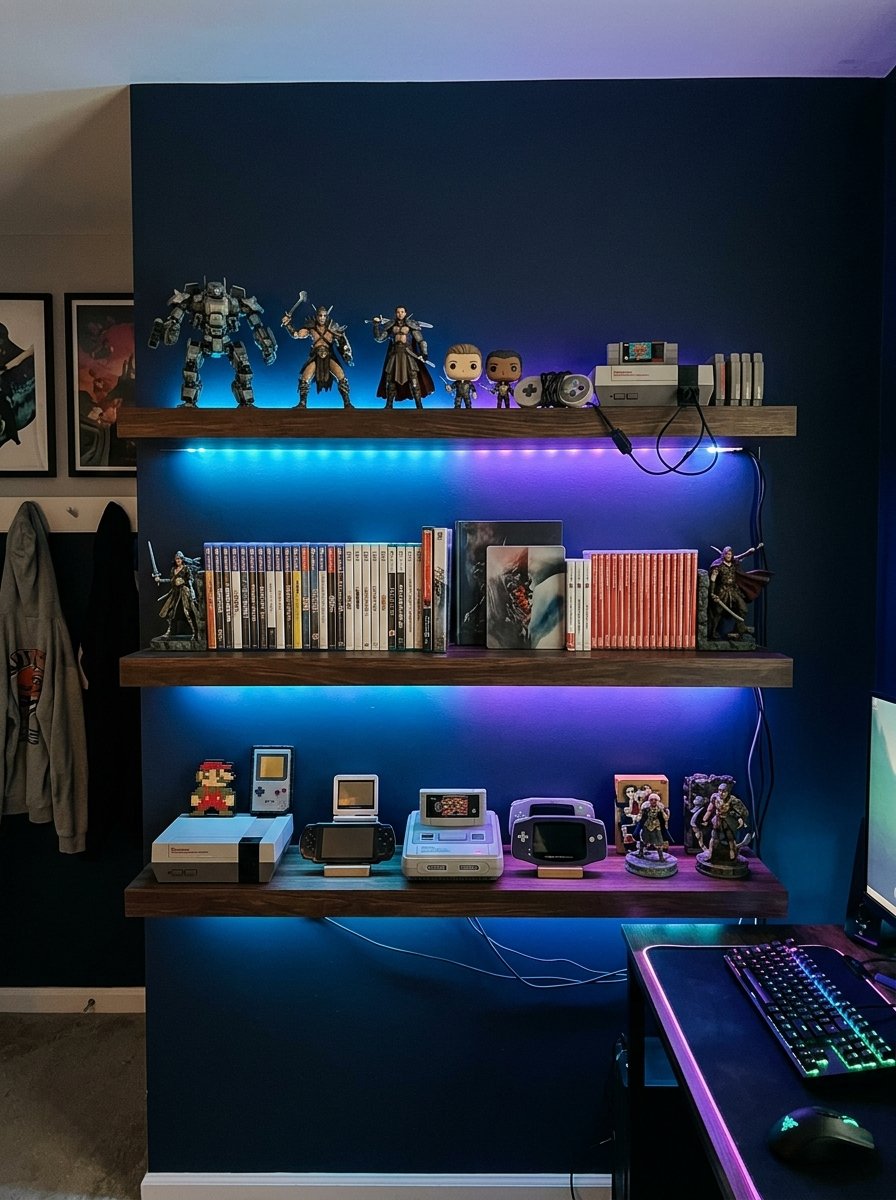 Floating shelves displaying games and collectibles