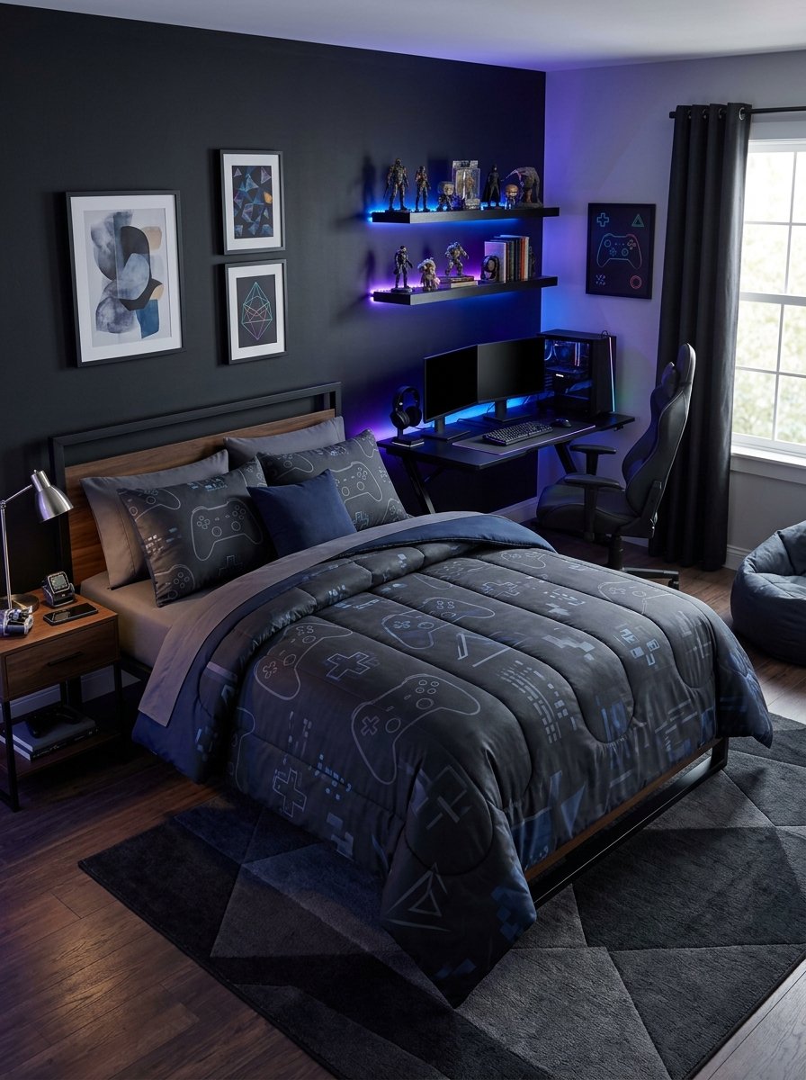 Gaming themed bedding on a teen bed