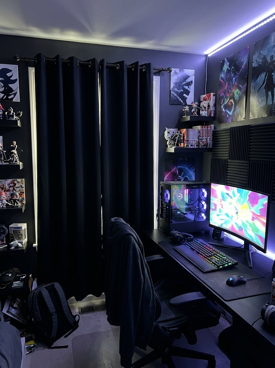 Blackout curtains in a gaming bedroom