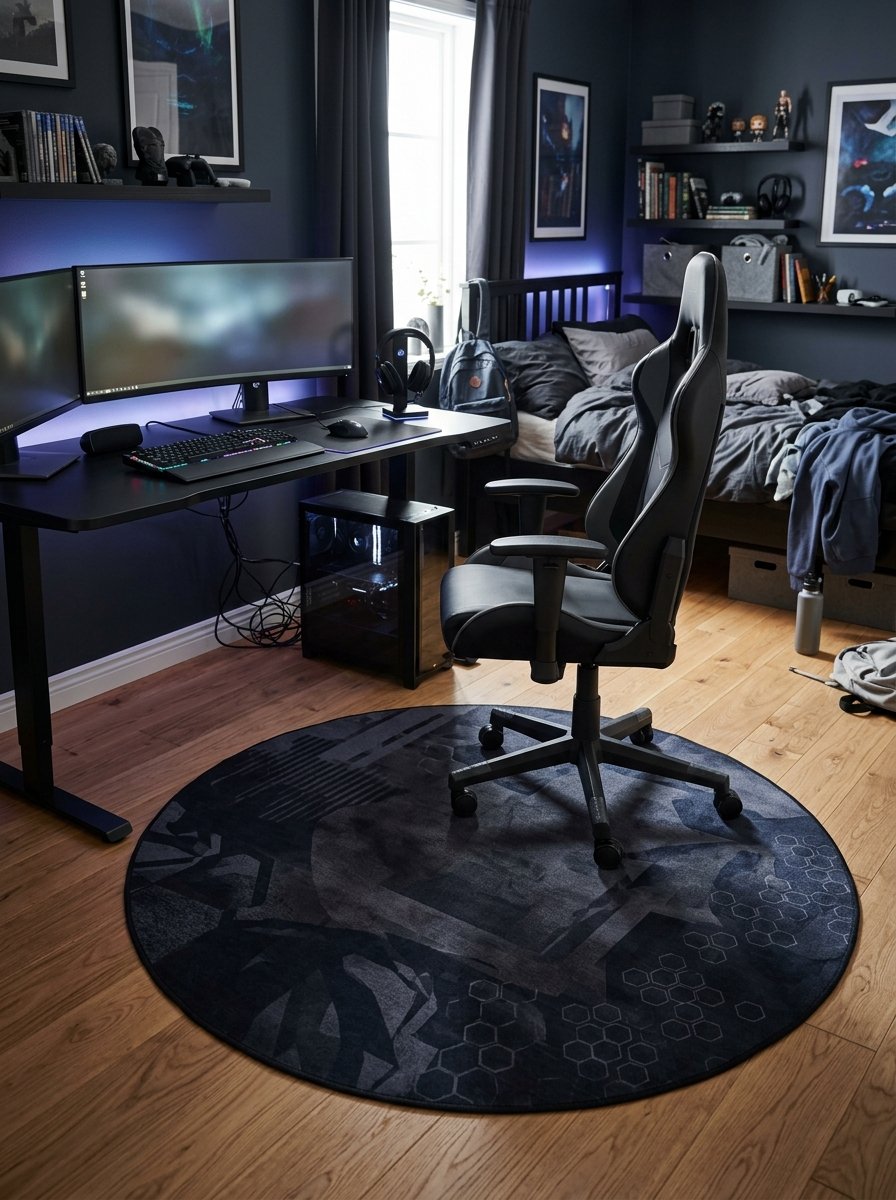 Gaming rug and chair mat under a desk
