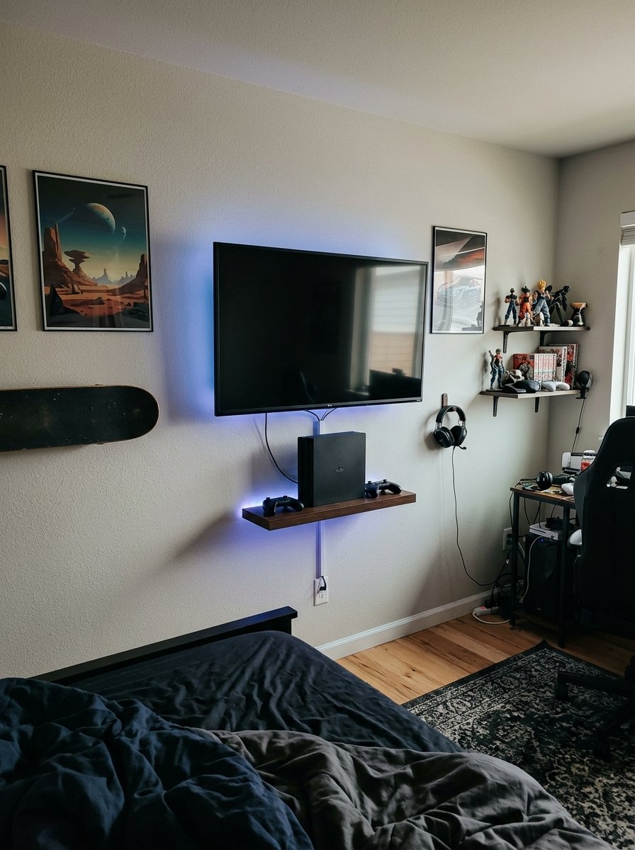 Wall-mounted TV and console shelf in a teen bedroom