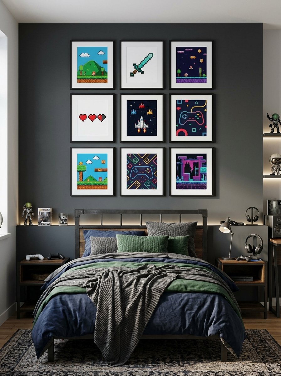 Framed game art posters on a bedroom wall