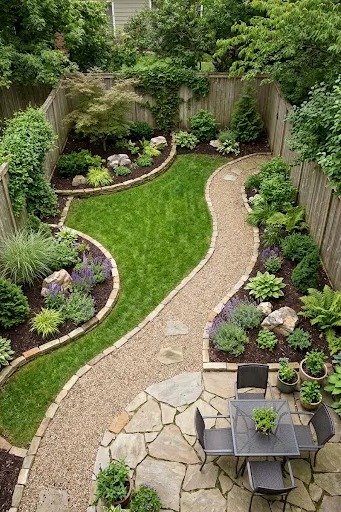 Backyard garden layout with beds and paths