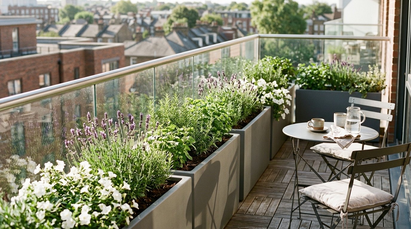 Self-watering planters with herbs and flowers on a city balcony