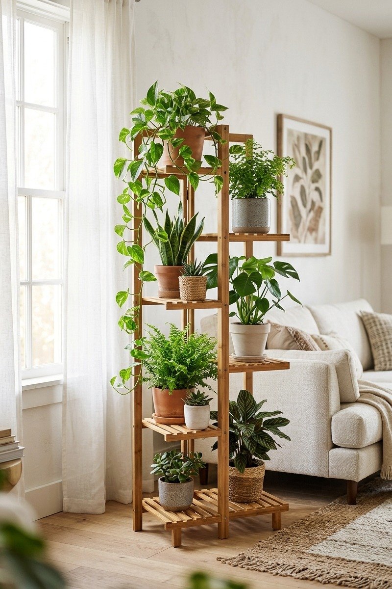Bamboo plant stand in a living room