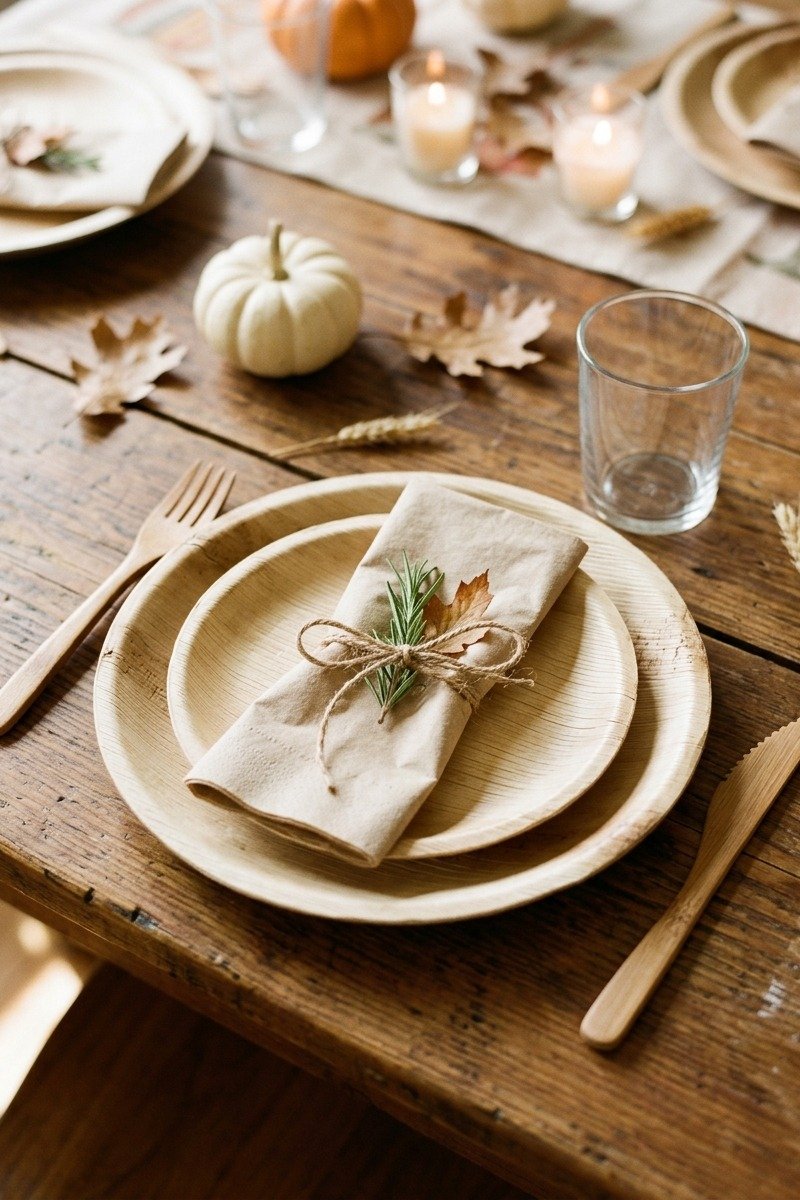 Bamboo disposable plates with cutlery on a table
