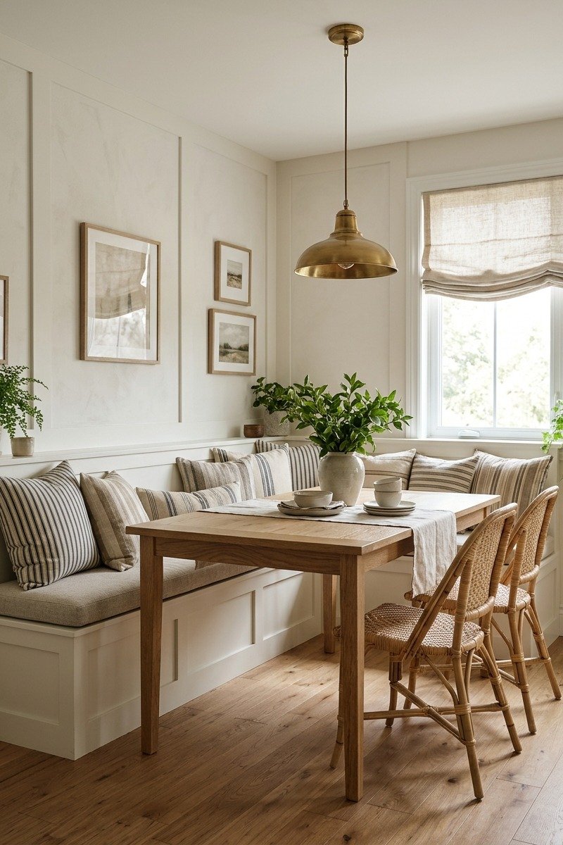 Built-in banquette bench with cushions in a dining room