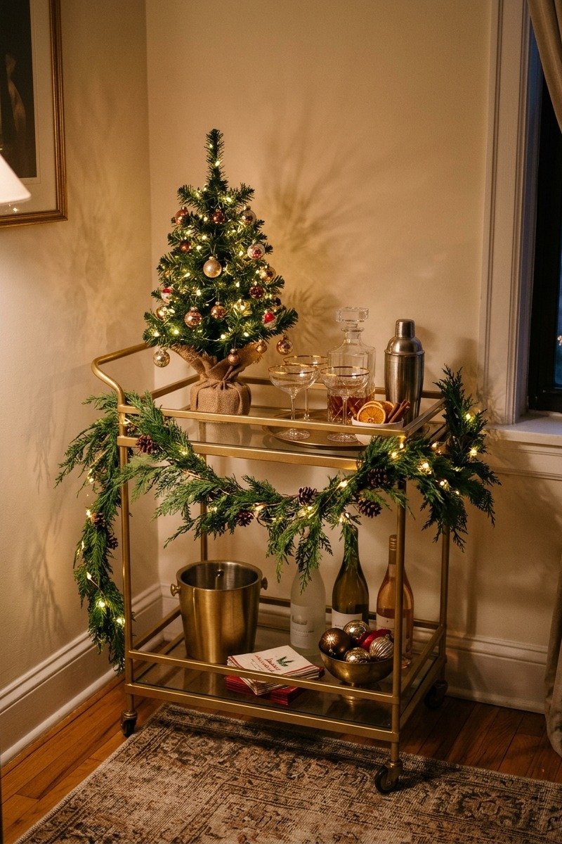 Bar cart decorated for Christmas