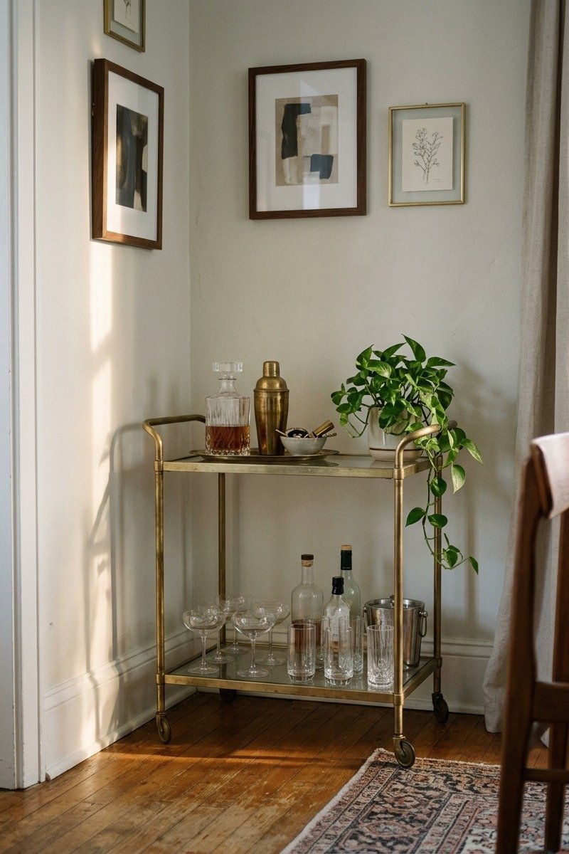 Brass bar cart with glassware in a dining room corner