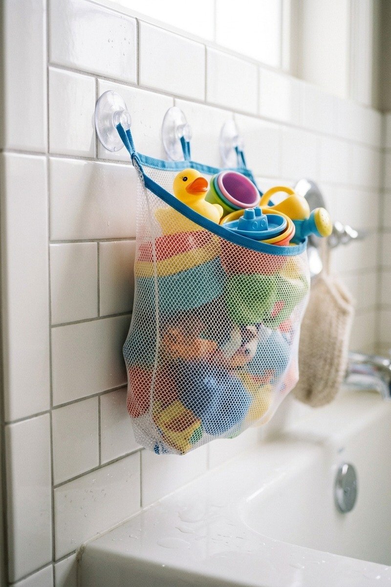Bath toy organizer on a tub wall