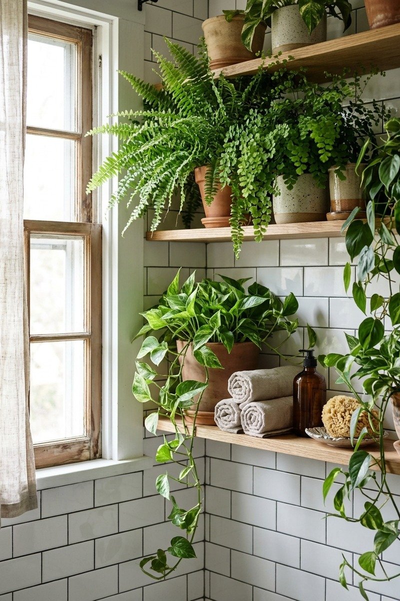 Plants on a bathroom shelf