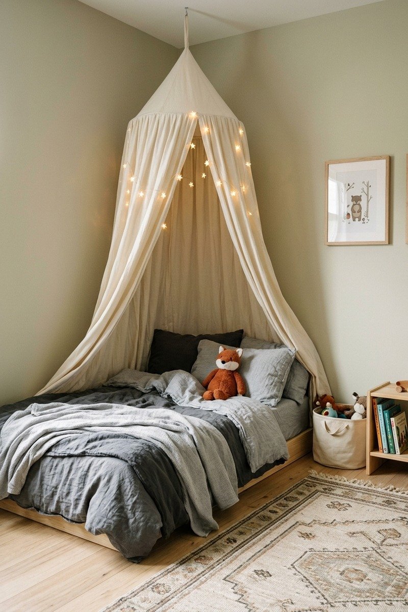 Boys bed with a hanging canopy tent
