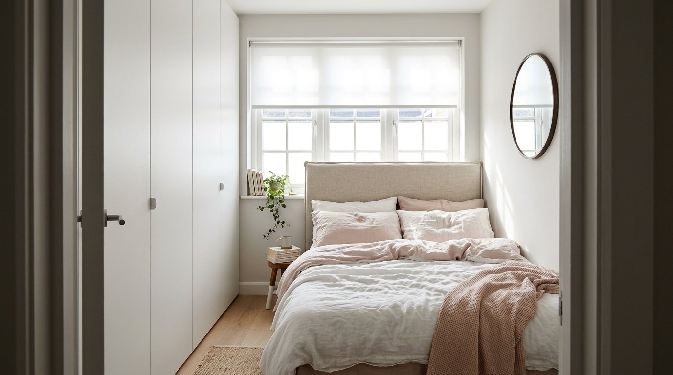 Small bedroom with bed placed under a window with a low headboard
