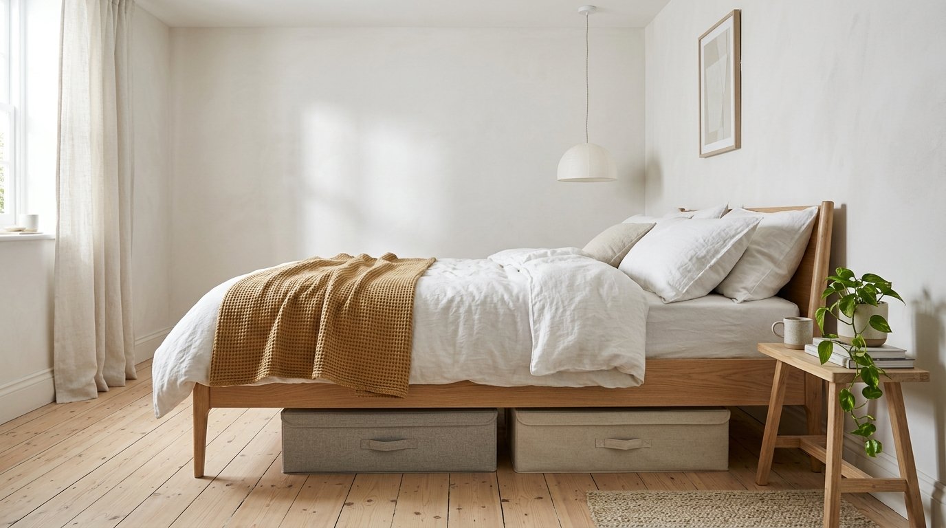 Light wood bed on slim legs with storage boxes underneath in a small bedroom