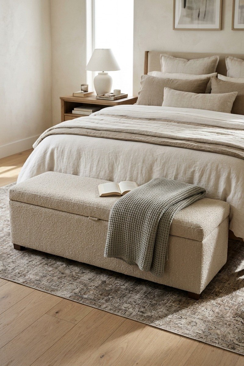 Upholstered bench at the foot of the bed