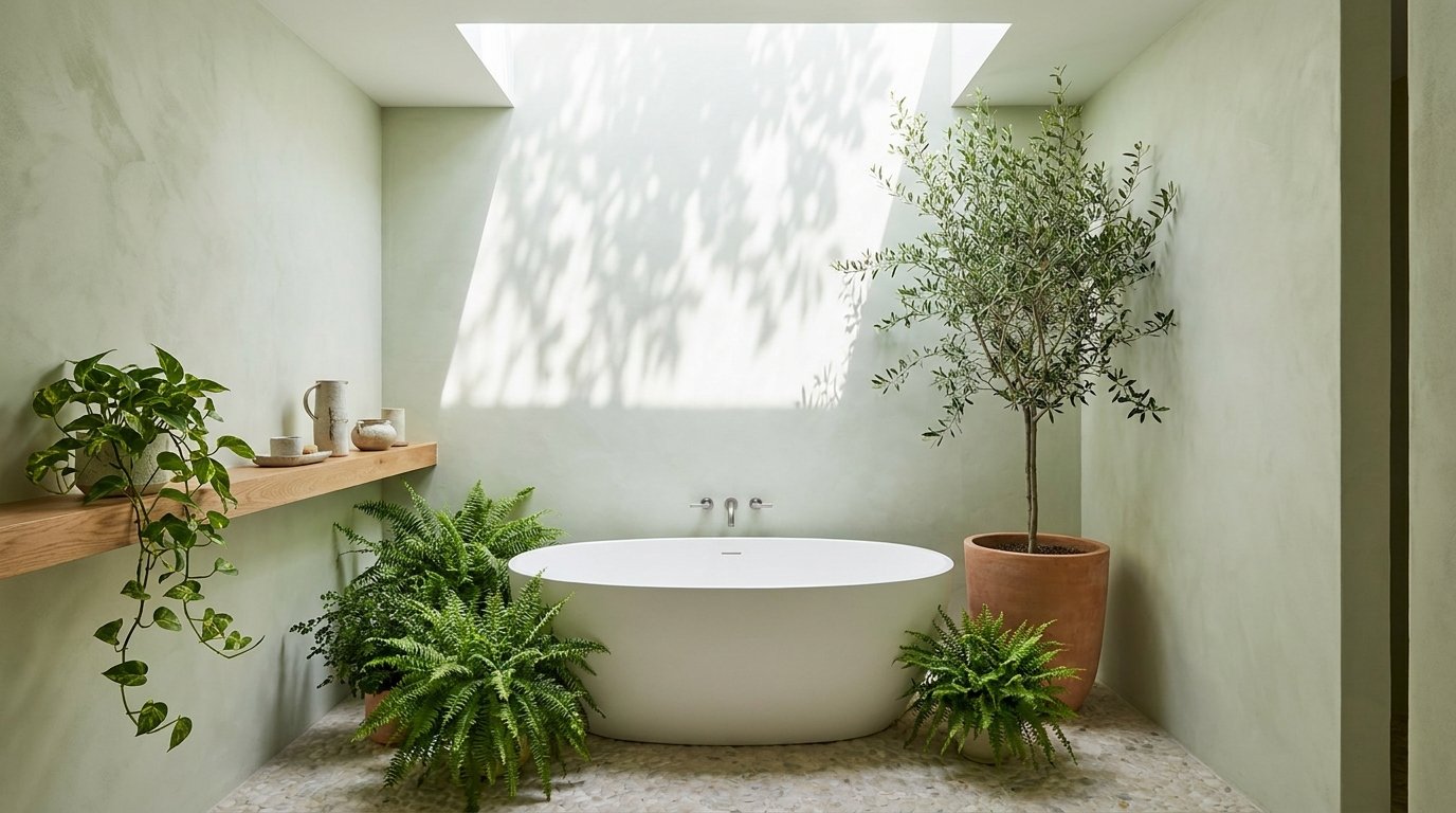 Biophilic luxury bathroom with ferns and potted plants around a soaking tub under a skylight