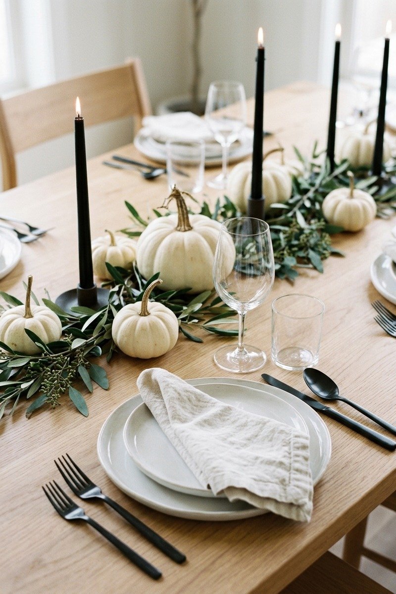 Minimal black and white Thanksgiving table setting
