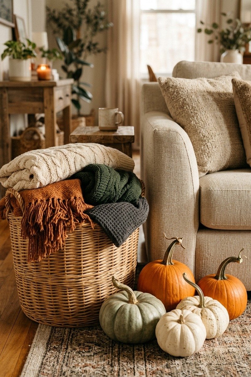 Woven basket of throw blankets for guests