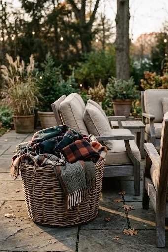 Basket of blankets on a patio