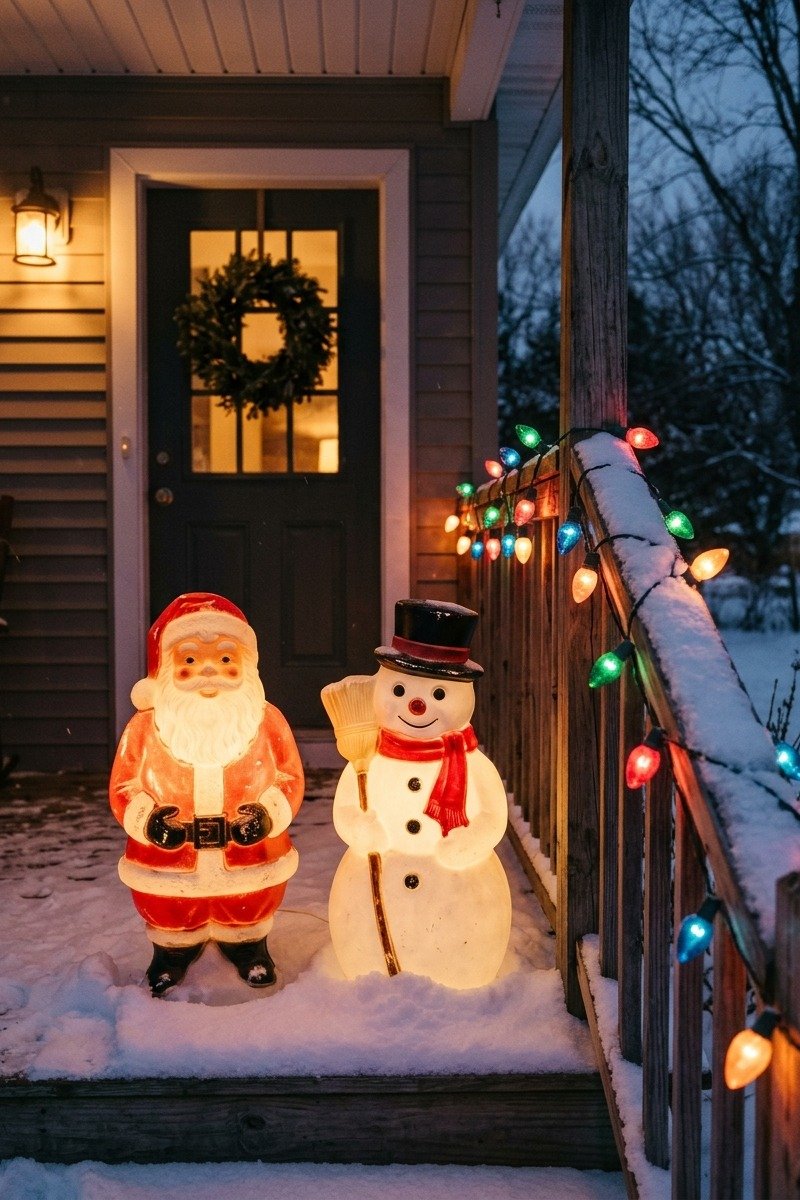 Glowing vintage-style blow mold Santa on a porch
