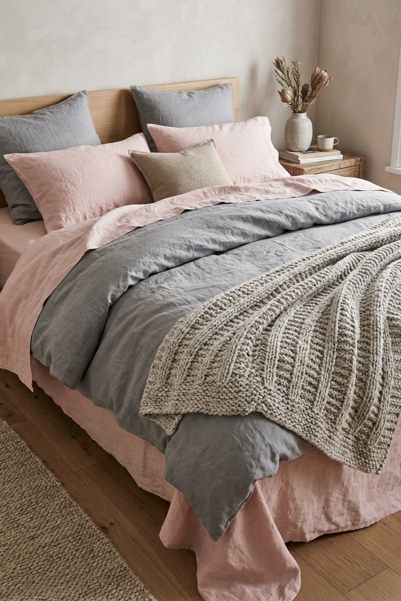 Blush pink and gray bedding