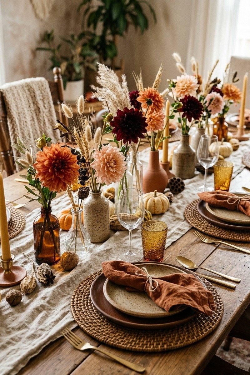 Boho Thanksgiving table with dahlias in bud vases
