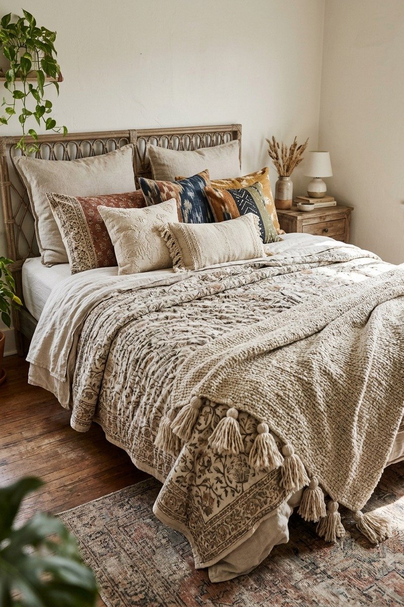 Boho patterned bedding layers