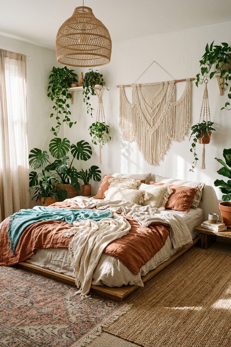 Boho bedroom with turquoise textiles and macramé